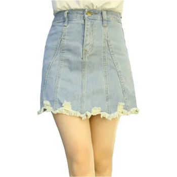 

Summer Denim Skirt Korean Version High Waist Slim College Style Students Fresh And Sweet Solid Color Sexy Fashion Holes Big Size