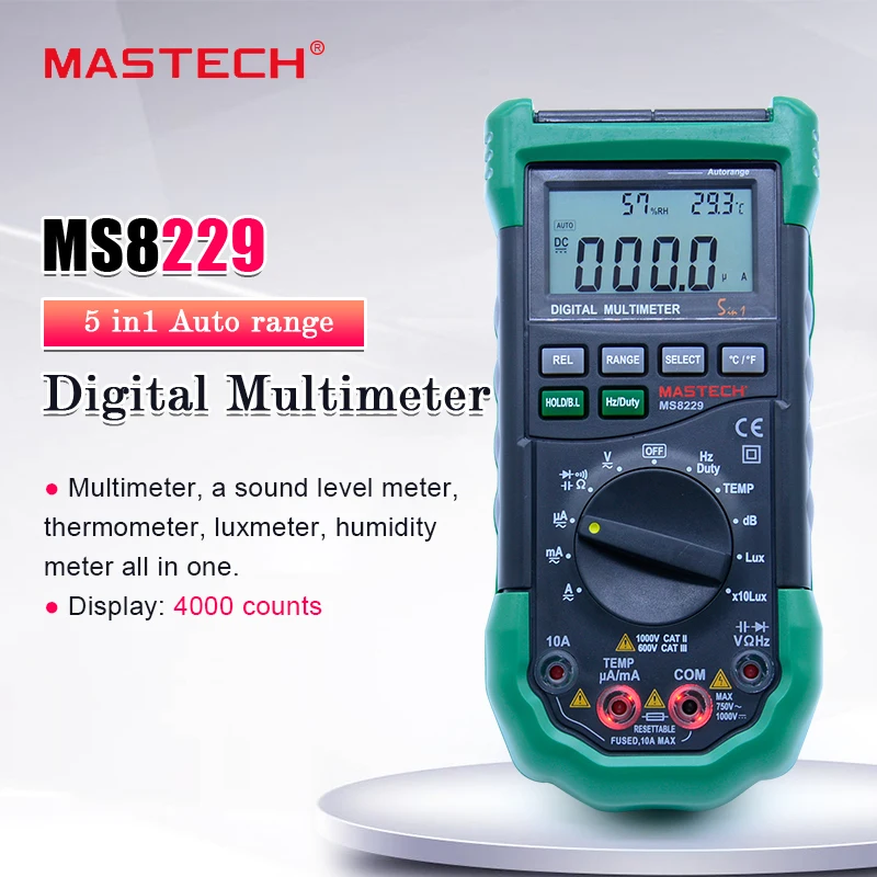 Mastech MS8229 5 в 1 автоматический Диапазон Цифровой мультиметр Многофункциональный Lux Уровень звука температура влажность тестер метр