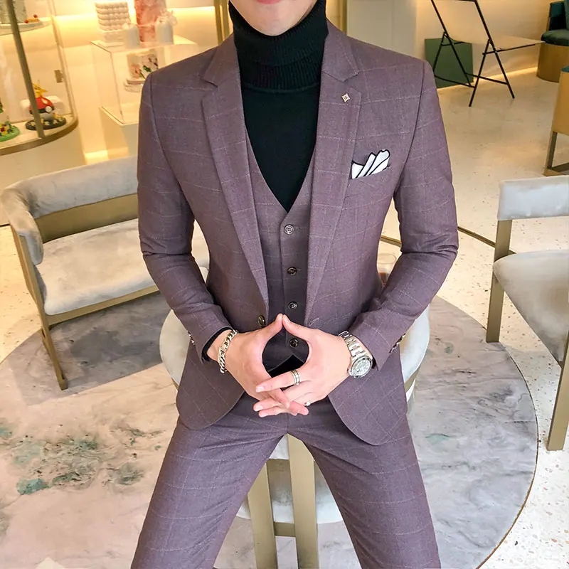 ( Jacket + Vest + Pants ) 2019 New Men's Fashion Boutique Plaid Wedding Dress Suit Three-piece Male Formal Business Casua