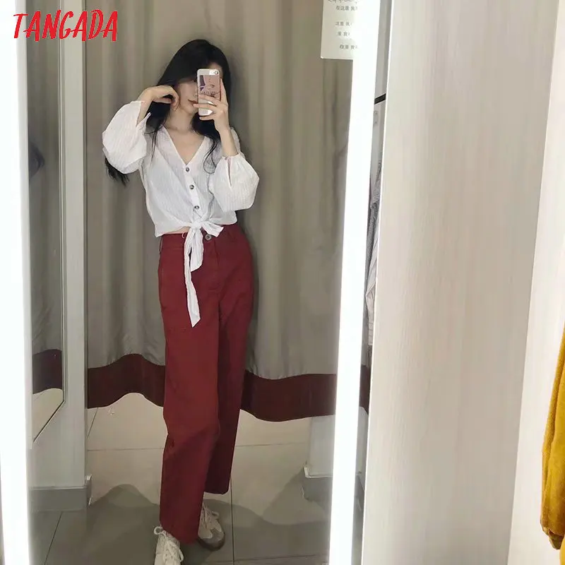 Tangada Женские повседневные красные джинсы брюки с высокой талией свободные стильные брюки с карманами стильные джинсовые брюки 4M16