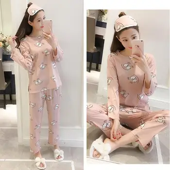

2pcs Autumn Winter Pajama Set Thin Women Long Sleeve Print O Neck Home Wear