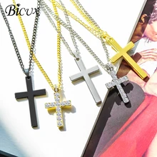 BICUX nueva moda Cruz collares para Mujeres Hombres cristiano Oro Negro Plata Color cristal collar Metal collar joyería