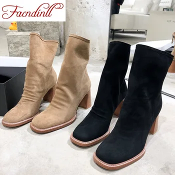 

FACNDINLL new 2020 spring autumn short boots for women sexy high heels zquare toe zipper black apricot woman dress party boots