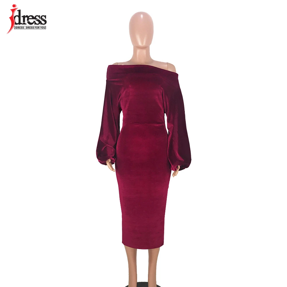 IDress 2020 Sexy Slim Off-Shoulder Nightclub Black Green Red Party Dress Lady Long Sleeve Bodycon Autumn Winter Velvet Dress (5)
