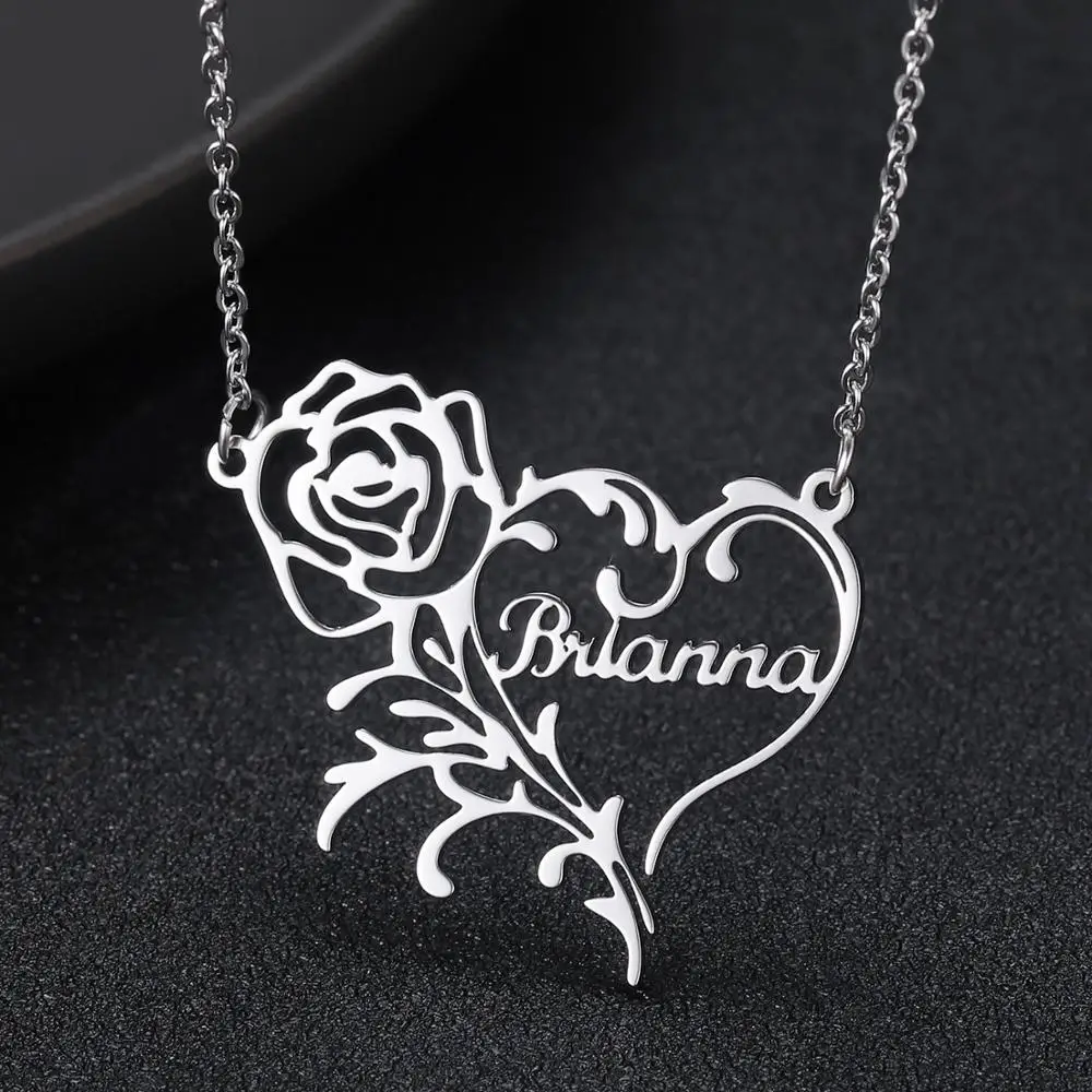 New Customized Nameplate Necklaces with Rose and Heart Symbol  Pendant Personalized Letter Gold Choker Fashion Jewelry for Women