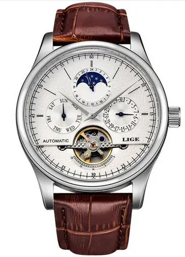silver white L LIGE Брендовые женские часы автоматические механические часы Tourbillon спортивные часы кожаные повседневные водонепроницаемые наручные часы Relojes Mujer+ коробка - Цвет: silver white L