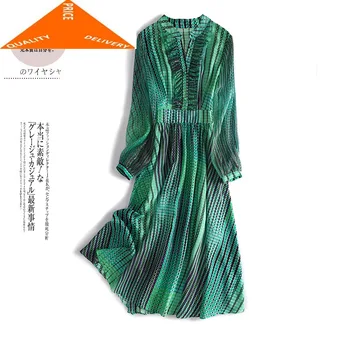 

Vintage 2020 New Summer Spring 100% Real Silk Dress Women Elegant Ladies Long Sleeve Vestidos Green Party Dresses ZP6479