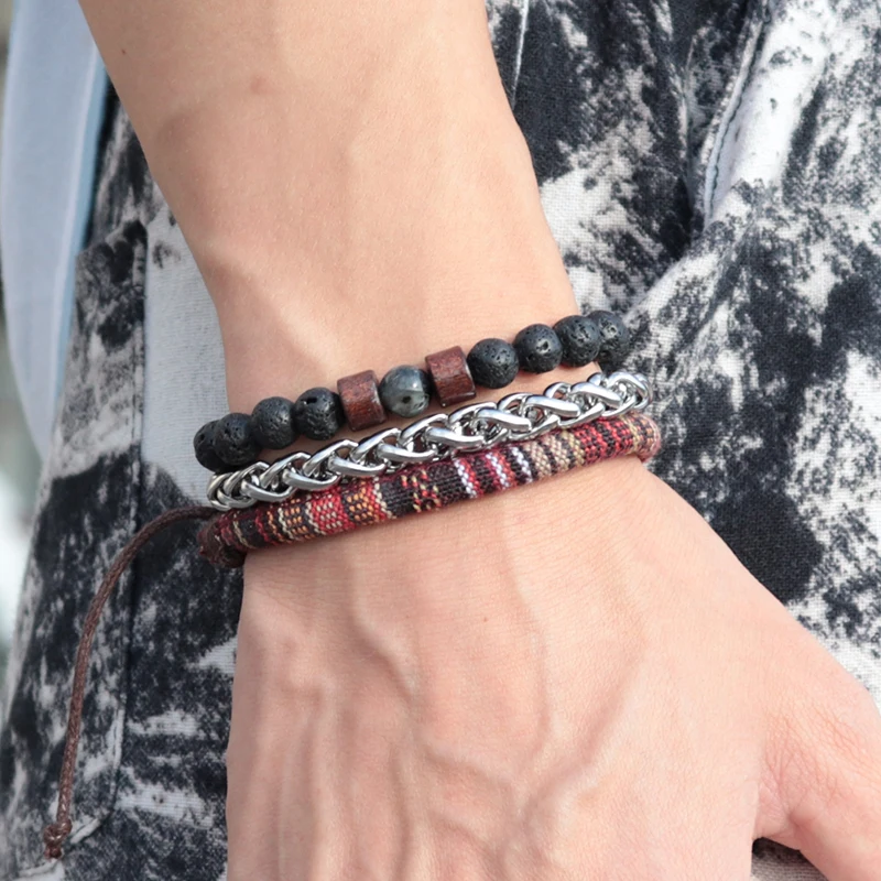 Браслет ручной работы Boho 3 шт./компл. античный из лавового камня Набор браслетов