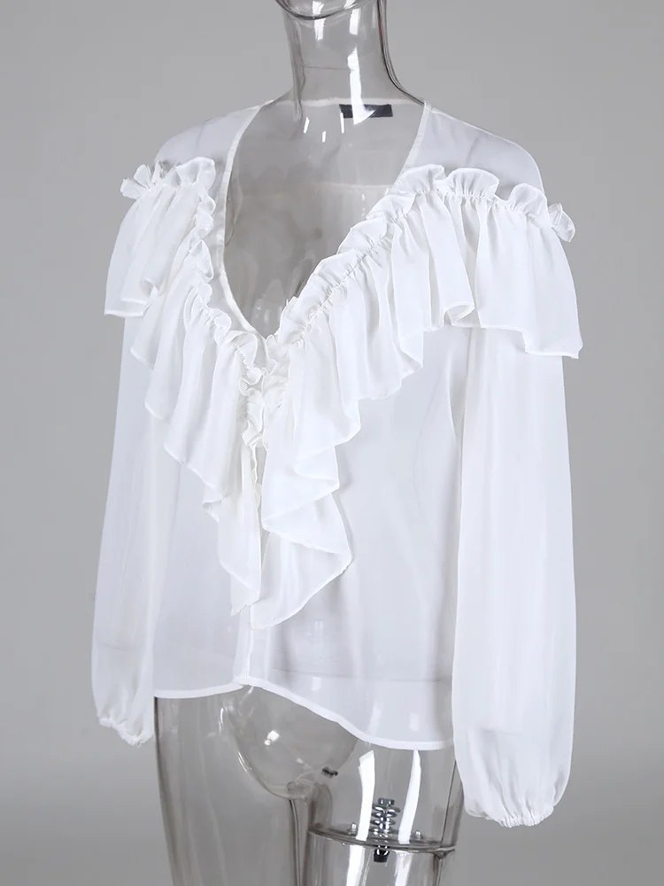 Осенняя женская элегантная шифоновая Повседневная рубашка, Женский стильный топ с оборками, одноцветная блузка с v-образным вырезом и оборками