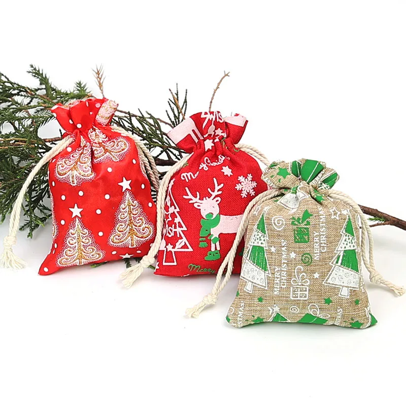 9*12 см имитация льняной печати мешок шнурок мультфильм Рождественский подарок сумка милый узор праздник луч мешок 100 шт