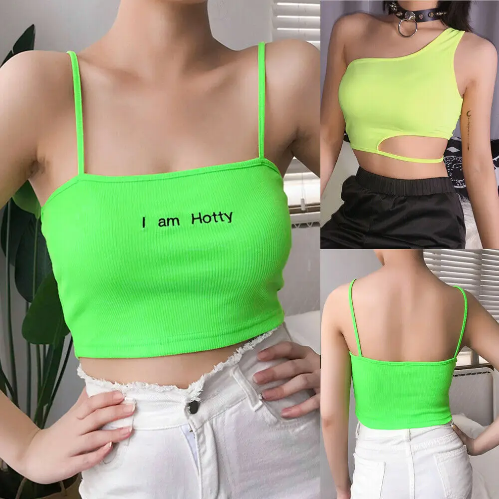 

Hirigin spaghetti straps neon green patchwork sexy camis 2019 summer women fashion club party streetwear female crop top