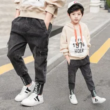 Джинсовые брюки для мальчиков; сезон весна-осень; Новинка года; стильная весенняя одежда; детские брюки; детская одежда в западном стиле; эластичная одежда