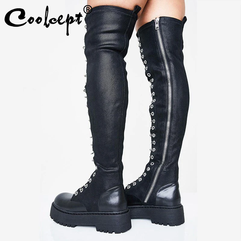 

Coolcept Women Over The Knee Footwear Zipper Fashion Thick Bottom Elastic Bootie Slim Lady Party Night Club Footwear size 35-41