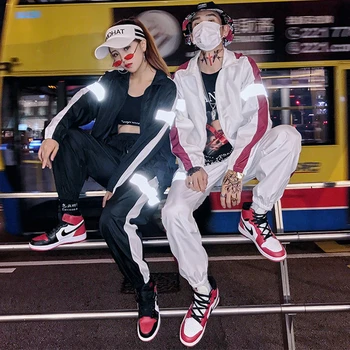 

2020 Hip hop reflective Women's Set Clothing Autumn jacket Coat + Pants Side Striped Tracksuit sweatpants Casual for couple TZ12