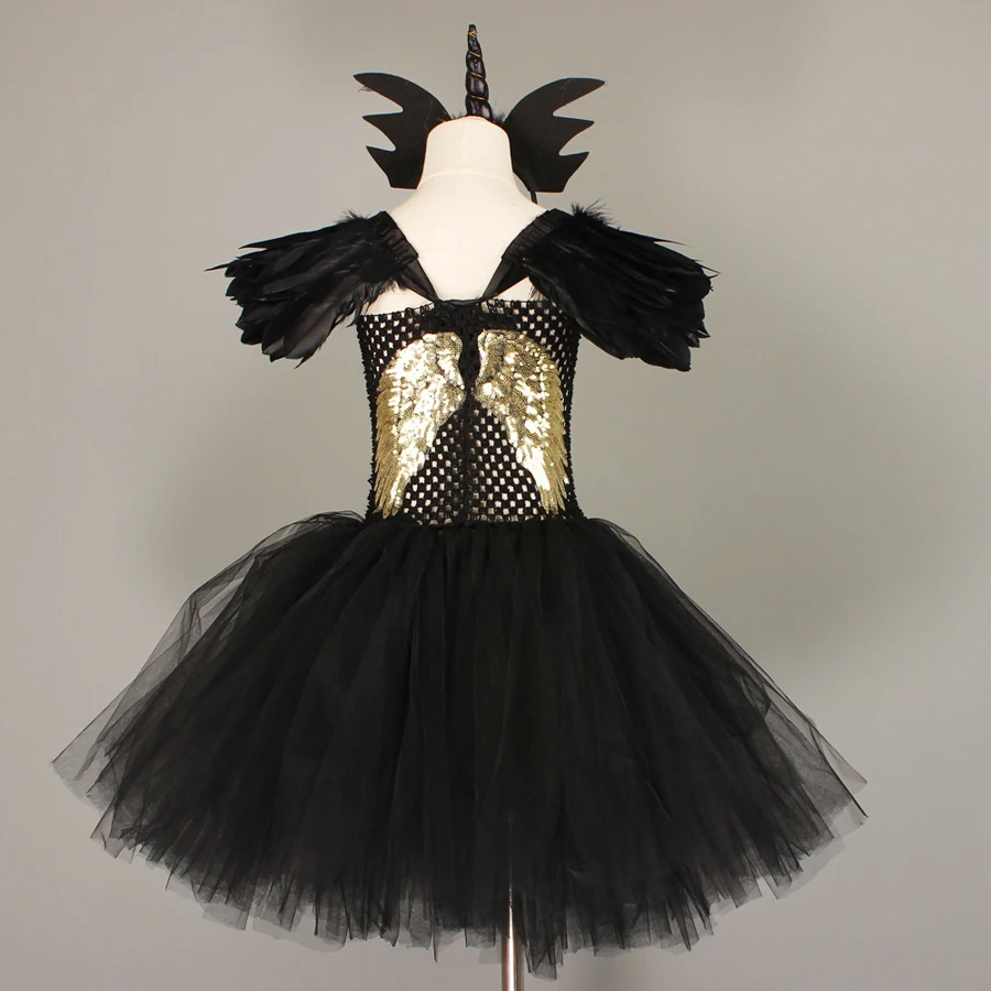 Fallen Angel Dark Gothic Black Halloween Tutu Dress Glitter Wings Girls Halloween Evening Party Ball Gown Evil Witch Costume (13)