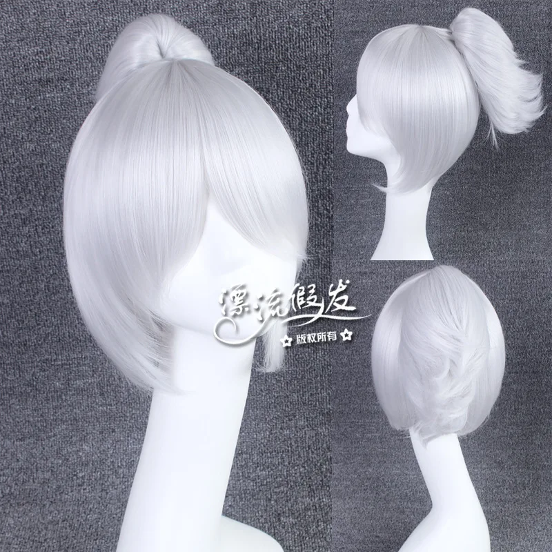 

HOT Game Character LOL Riven Silver White Short Synthetic Wig Cosplay Costume Wig With Chip Ponytail Heat Resistance Fiber