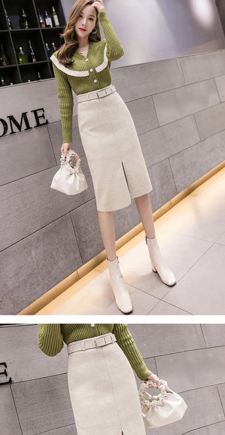 Jupe,Jupe longue fendue en tissu de laine avec ceinture pour femme, taille haute, automne hiver 