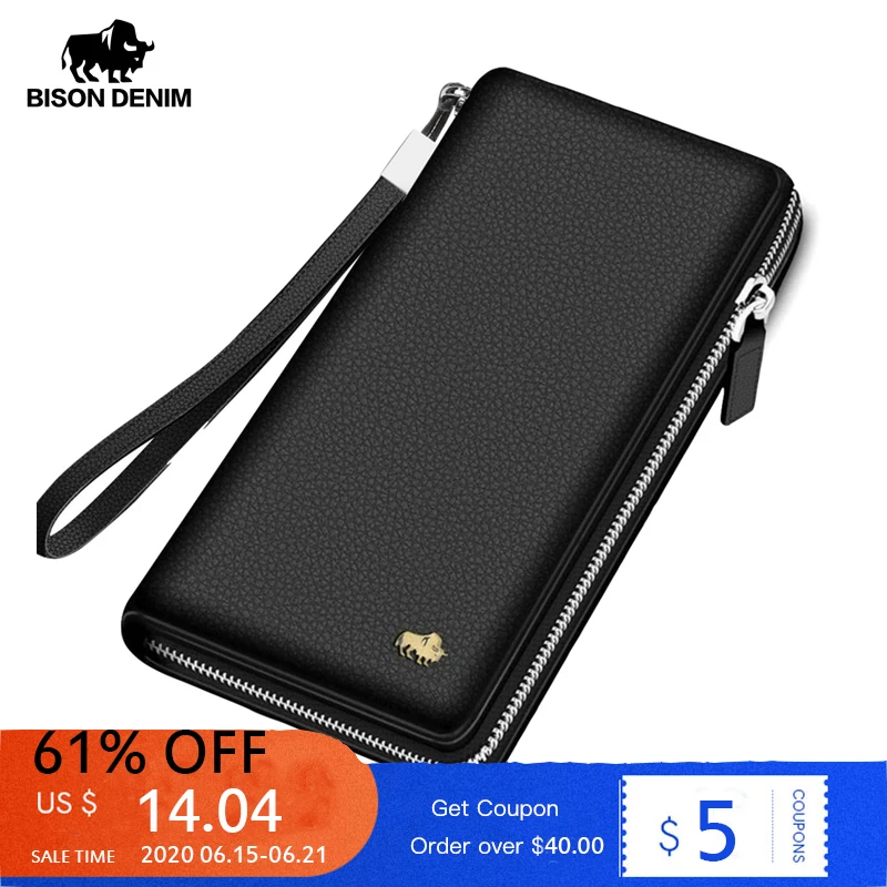 Кошелек BISON DENIM, из натуральной кожи, с блокировкой RFID, держатель для карт, кошелек на молнии, Мужской Длинный кошелек N8195|handmade leather wallets|brand leather walletleather wallet | АлиЭкспресс