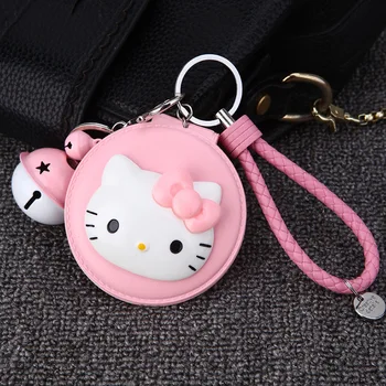 

Hello kitty Cartoon Small Mirror Keychains KT Cute Portable Folding Makeup Mirror Round Portable Beauty Pu Leather Key Chains