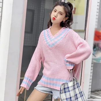 

Female Striped Loose Sweater Womens Casual Long Sleeve V-Neck Pullovers Autumn Winter Warm Knitted Sweaters
