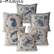 Funda de cojín de lino Para decoración del hogar, Cojines Decorativos Vintage de animales, Tigre, plantas y flores azules Para Sofá, 45x45, 40x40