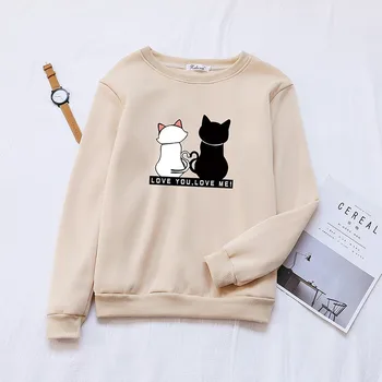

Unisex Black White Couple Cat Jumper Women Men Casual Long Sleeve O-Neck Cat Printed Sweatshirt Autumn Winter New Pullover