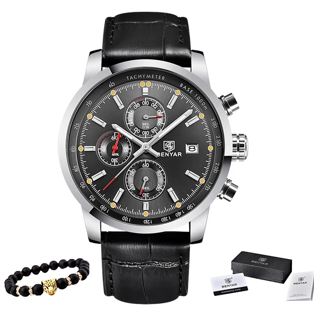 BENYAR новые часы мужские военные Роскошные Лидирующий бренд кварцевые Бизнес Мужские часы модные хронограф кожаные часы Relogio Masculino - Цвет: Black gray