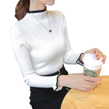 

Fashion Patchwork Turtleneck Sweater Women White Black Female Basic Jumper Winter Pullover Stretch Slim Korean Lady's Sweaters