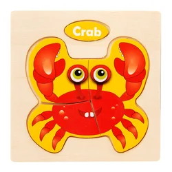 Miniature 3D Wooden Cartoon Animal Puzzle Board for Kids - Early Learning Educational Toy Gift (Crab)