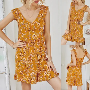 

Summer V-Neck Yellow Backless Ruffled Pleated Slim Suspenders Jumpsuit Shorts