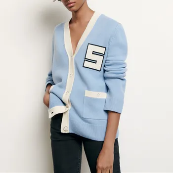 

2020 Early Spring Women's Knit Cardigan Letter V-neck Outwear Contrast Color Sweater Coat with Pockets