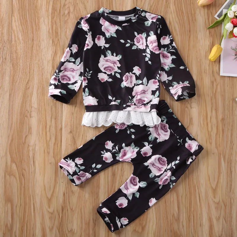 CANIS/весенне-осенние кружевные лоскутные топы с длинными рукавами и цветочным принтом для маленьких девочек; брюки; комплекты одежды