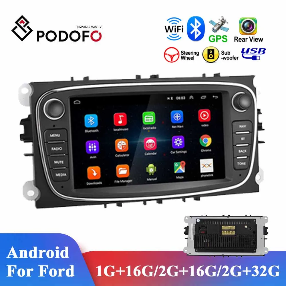 Podofo Android 8.1 Car Radio 2 Din Car Multimedia player GPS Autoradio 7'' Mp5 Player For Ford/Focus/S-Max/Mondeo 9/GalaxyC-Max