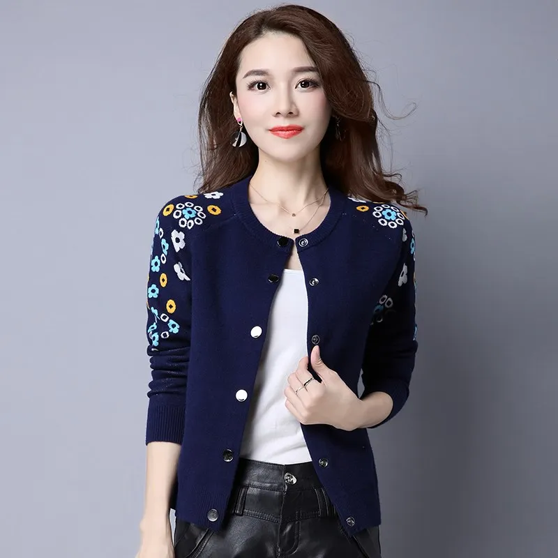 navy blue Женский свитер с вышивкой элегантный вязаный кардиган свитер женский джемпер женский длинный Dleeve свитер пуговицы зеленый вязаный свитер - Цвет: navy blue