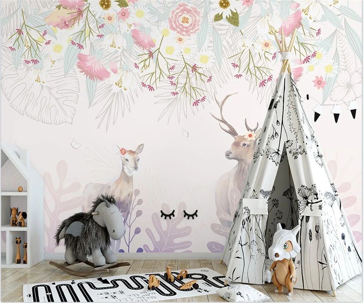 Customize new nordic wallpaper Hand painted nordic flower bush elk sofa indoor TV background wall 3d wallpaper papier peint