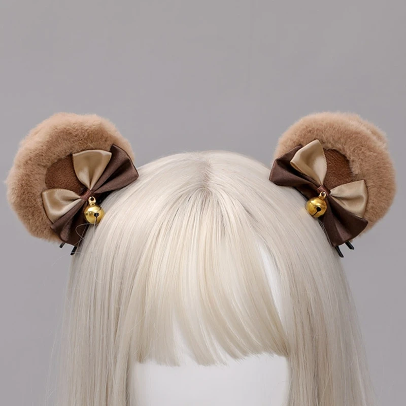 Handmade Faux Fur Round Bear Ears Hair Clip Sweet Double Bowknot Bell Plush Animal Hairpins Anime Lolita Kawaii Cosplay Barrette halloween costumes