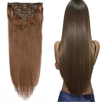 

12"-26" brown Clip In One Piece 100% Real Human Hair Extension 7Pc/Set clips Remy Hair Piece Straight Brazilian Hair 100g-160g