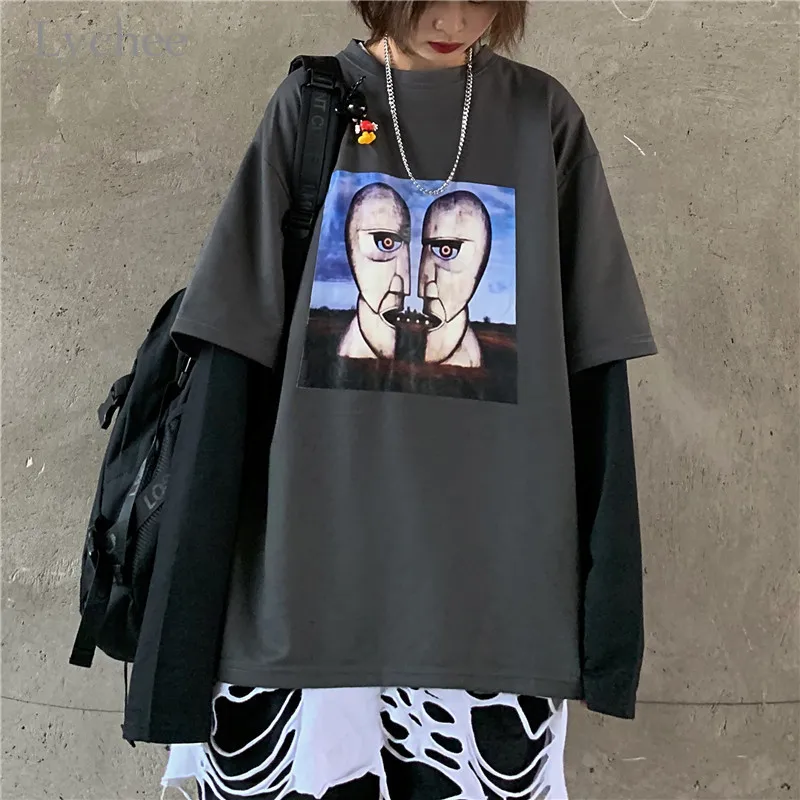 Lychee Harajuku, повседневные осенние женские топы с круглым вырезом, поддельные 2 штуки, свободные женские пуловеры с темными персонажами, лоскутные женские толстовки