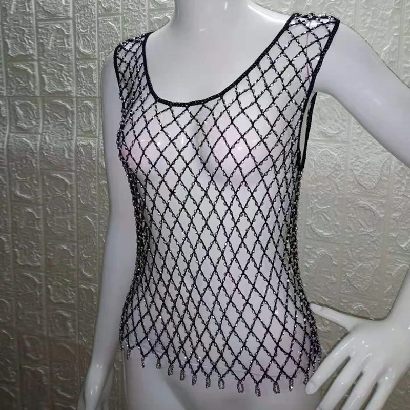 С кристалалми и стразами сетки Сексуальная Bodycon Танк полые Стразы ажурные летние пляжные прозрачные вечерние жилет комплекты из топа и коротких дропшиппинг