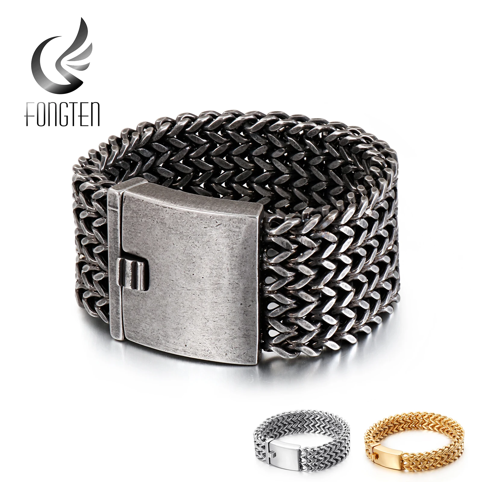 Pulsera de eslabones de malla para hombre de marca Fongten, pulsera Punk Vintage de Metal y inoxidable para hombre, Pulseras anchas _ - AliExpress Mobile