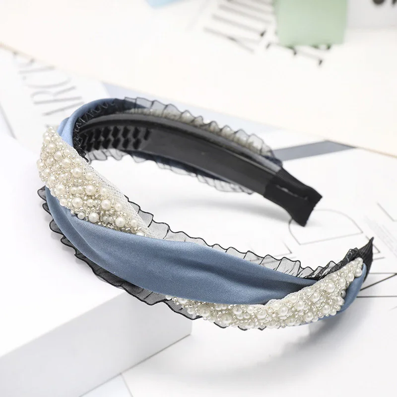 Sky blue Модная женская головная повязка в Корейском стиле с жемчужным Кружевом, широкий женский ободок для волос, аксессуары для волос для девушек, вечерние аксессуары для помолвки - Цвет: Sky blue