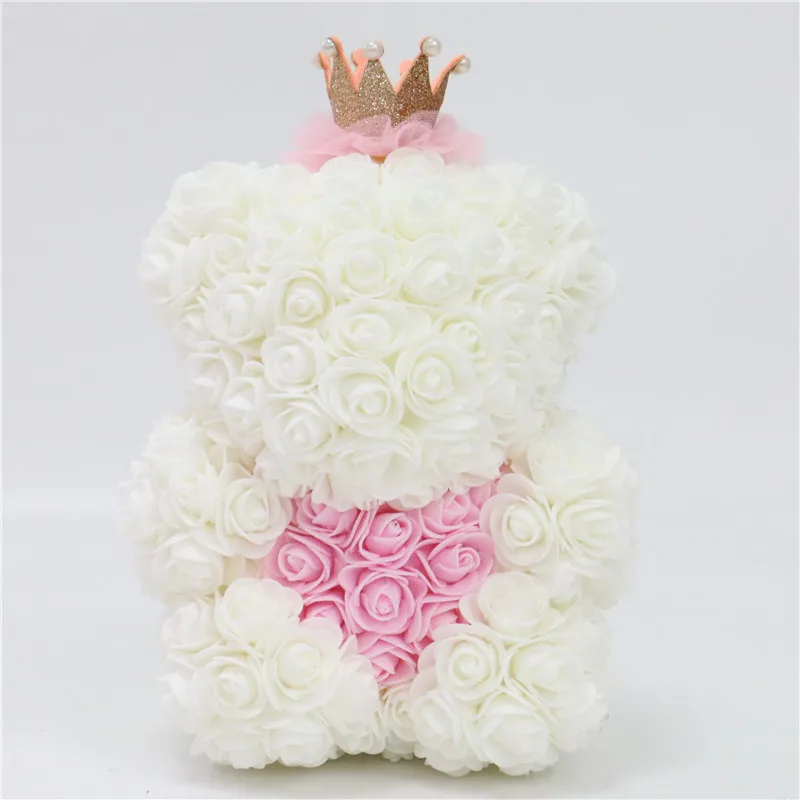 White and pink 28 см Корона Сделай Сам плюшевый медведь Роза+ коробка Искусственные из ПЭ цветок медведь Роза День Святого Валентина подарок для подруги женщины жена мать день - Цвет: White and pink