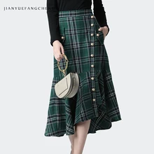 Модная зеленая Клетчатая Шерстяная Юбка с оборками для женщин, новинка, зимняя плиссированная юбка с высокой талией, юбки размера плюс, Женская винтажная юбка