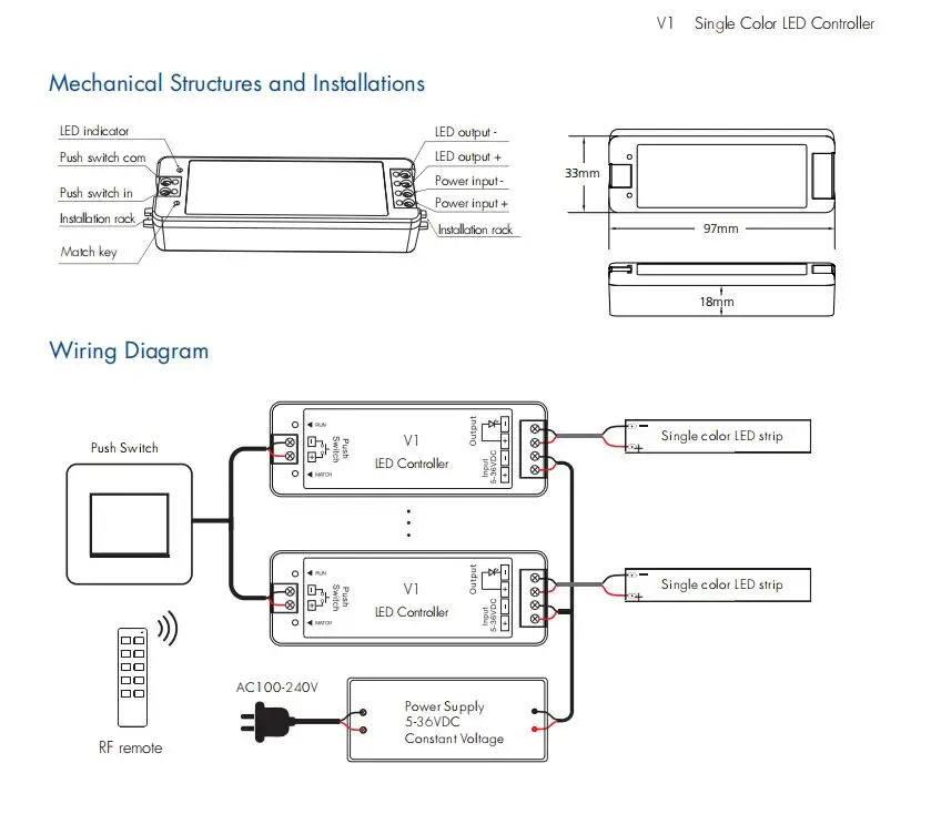 Única cor RF Push Dim escurecimento LED