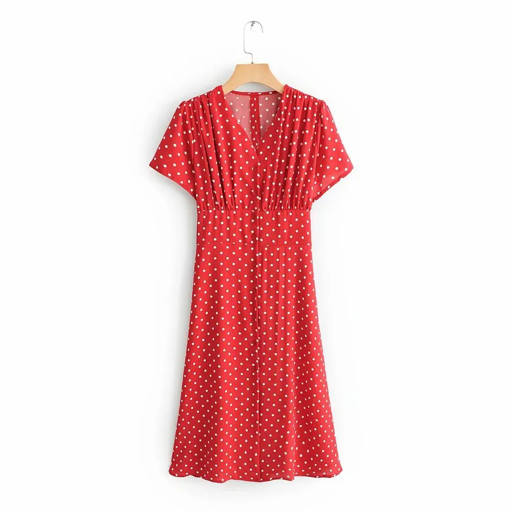 

2019 Spring Europe And America WOMEN'S Dress New Style Red Dotted Print Retro Short-sleeve Dress 038