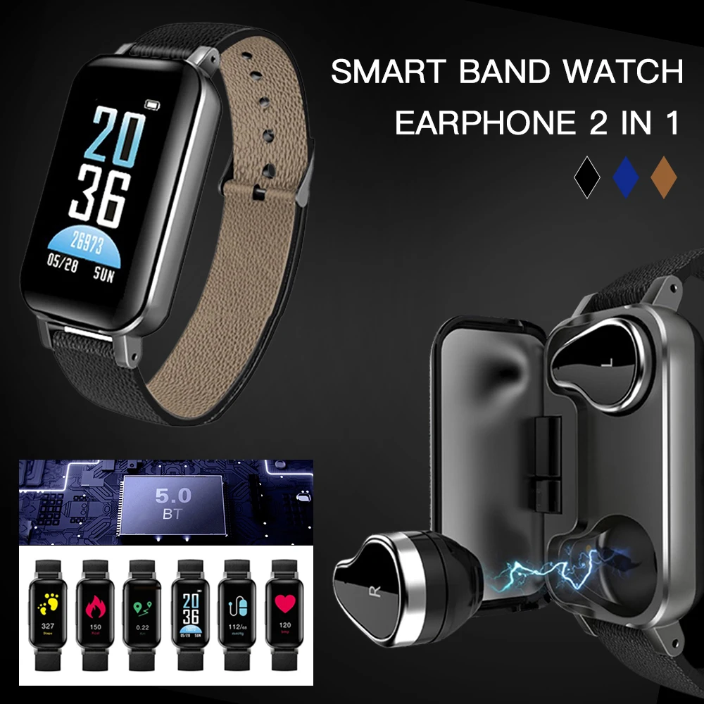 

T89 Smart Bracelets BT5.0 Earphone IP67 USB Powered Heart Rate Bloods Pressures Monitoring Sports Wristwatch for Android / iOS