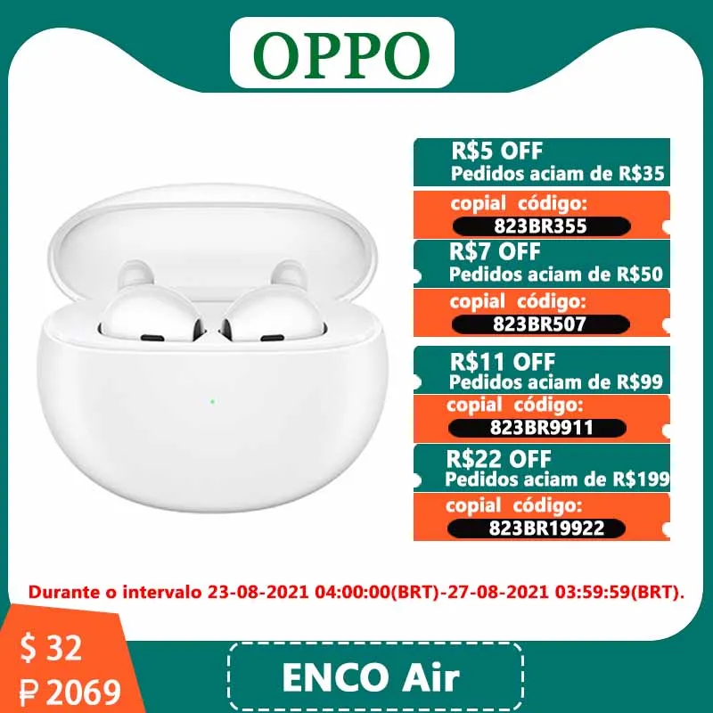 OPPO ENCO Air TWS Earphone Wireless Bluetooth 5.2 Earbuds DNN Noise Cancellation 2 Mirophone For Find X3 Pro Reno 4 | Электроника