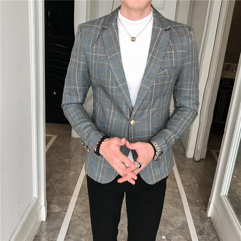 Suit jacket autumn new men's casual plaid blazert high quality men's fashion slim single button business casual suit jacket Suit jacket autumn new men's casual plaid blazert high quality men's fashion slim single button business casual suit jacket