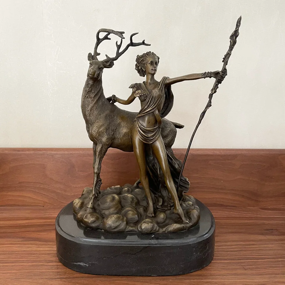 Scultura Della Dea Greca Diana Jamis Con Statua Di Cervo Decorazione Della Casa Di Arte Vintage In Bronzo Fuso Caldo