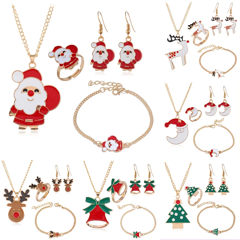 1 Набор, модные рождественские ювелирные изделия для женщин, Санта Клаус, лось, колокольчик, луна, Рождественская елка, кулон, серьги-гвоздики, набор, Женский креативный подарок